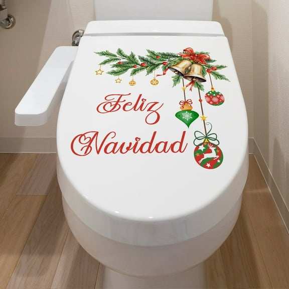 Christmas Wall Stickers, Removable Toilet and Bathroom Decor Stickers with Bells and Ornaments Design, Feliz Navidad Holiday Decoration Wall Decal for Home Bathroom and Christmas Party