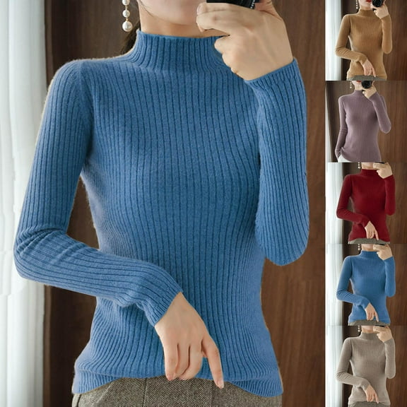 Women's Winter Warm Sweaters Casual Solid Color Crew Neck Base Knitted Loose Blue Fall Clothing Turtleneck S-2XL