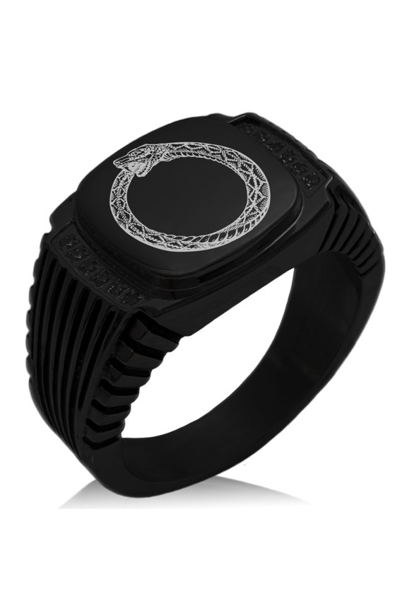 Stainless Steel Greek Mythology Ouroboros CZ Ribbed Needle Stripe Pattern Biker Style Polished Ring