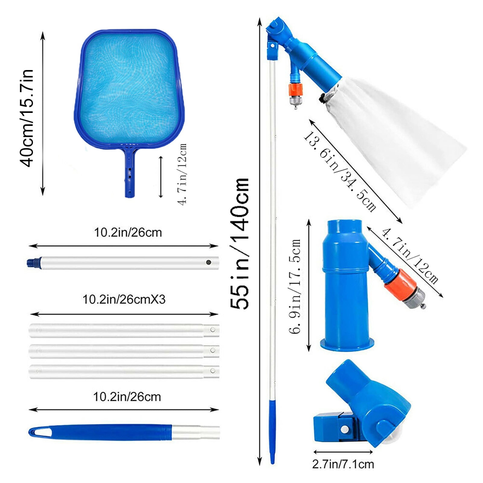 Swimming Pool Vacuum Cleaner, Pool Skimmer Net and Leaf Rake, 5-in-1 Pool Cleaning Kit with Telescopic Pole, Heavy Duty Pool Maintenance Tool for In-Ground & Above Ground Pools, Spa and Hot Tubs