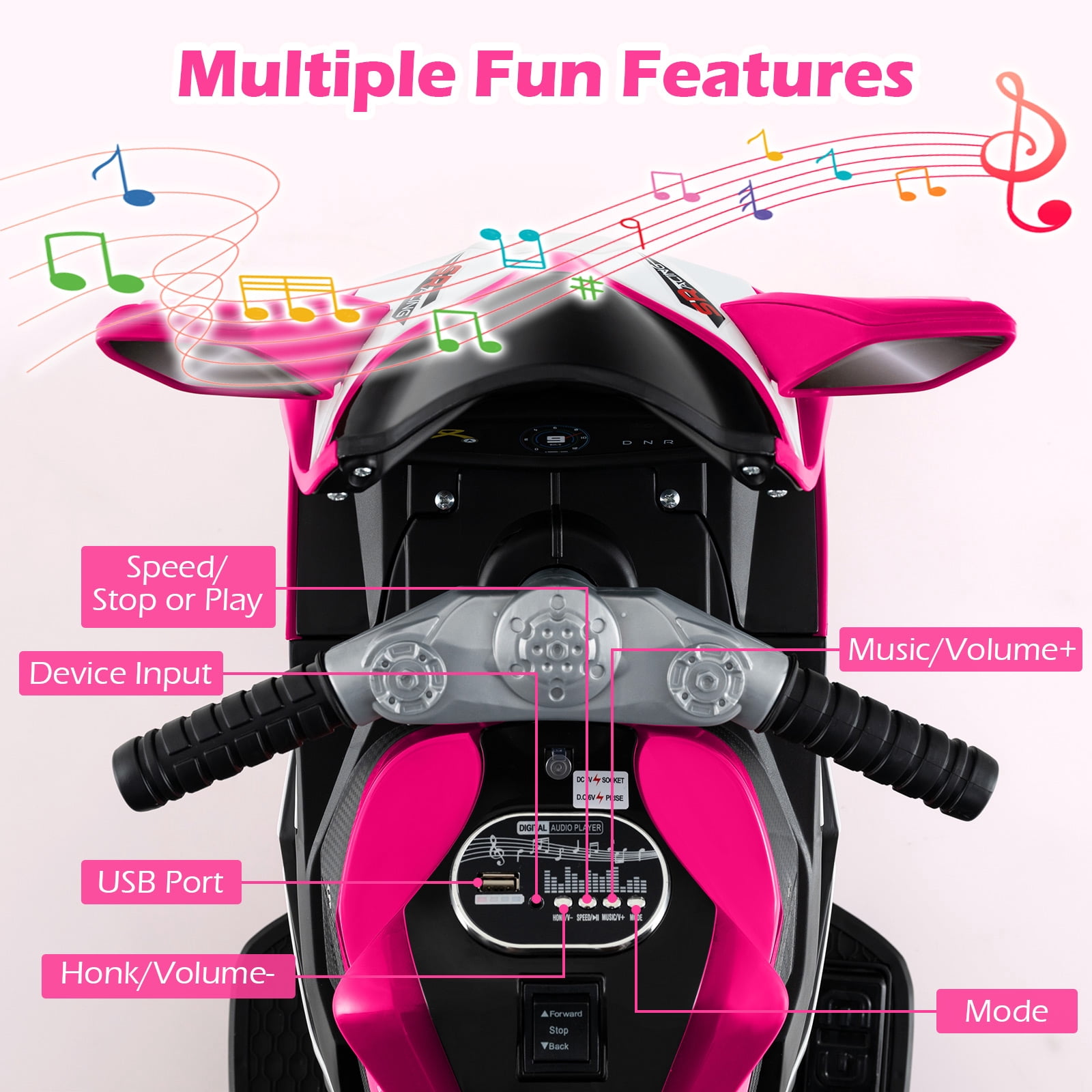 OLAKIDS 6V Kids Motorcycle with Forward & Reverse Switch, Headlight, Wheel Lights, Horn, Music, USB Port, 3-Wheel Ride on Toy for Toddler Aged 3+