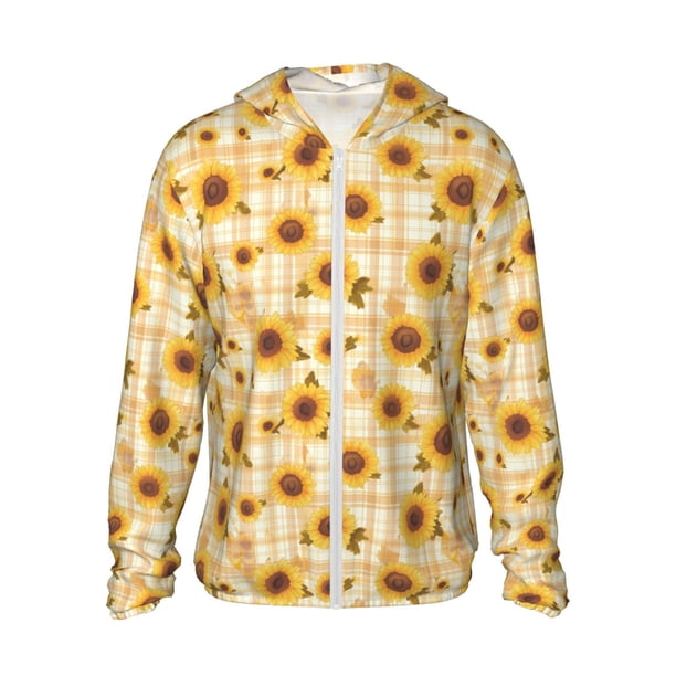 Fotbe Coffee Plaid Sunflower Chaqueta con Protección Solar UPF 50+ para Hombre y Mujer, Camisa con Capucha y Bolsillos-3X-Large