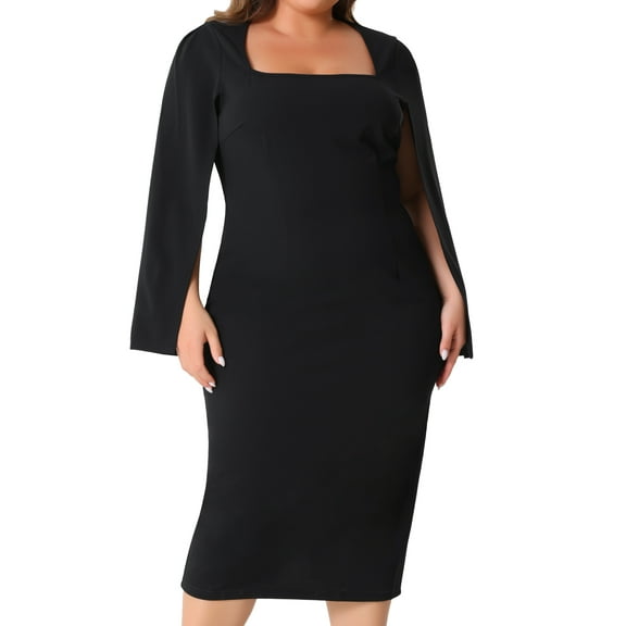DARING DIVA Plus Size Square Neck Long Sleeve Back Slit Bodycon Dress 1X Black