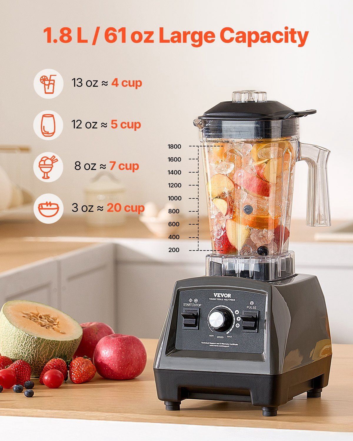 Professional Grade 1400W Blender 61oz Capacity Multi Functional Food Processor for Smoothies Milkshakes Juices Kitchen Essential