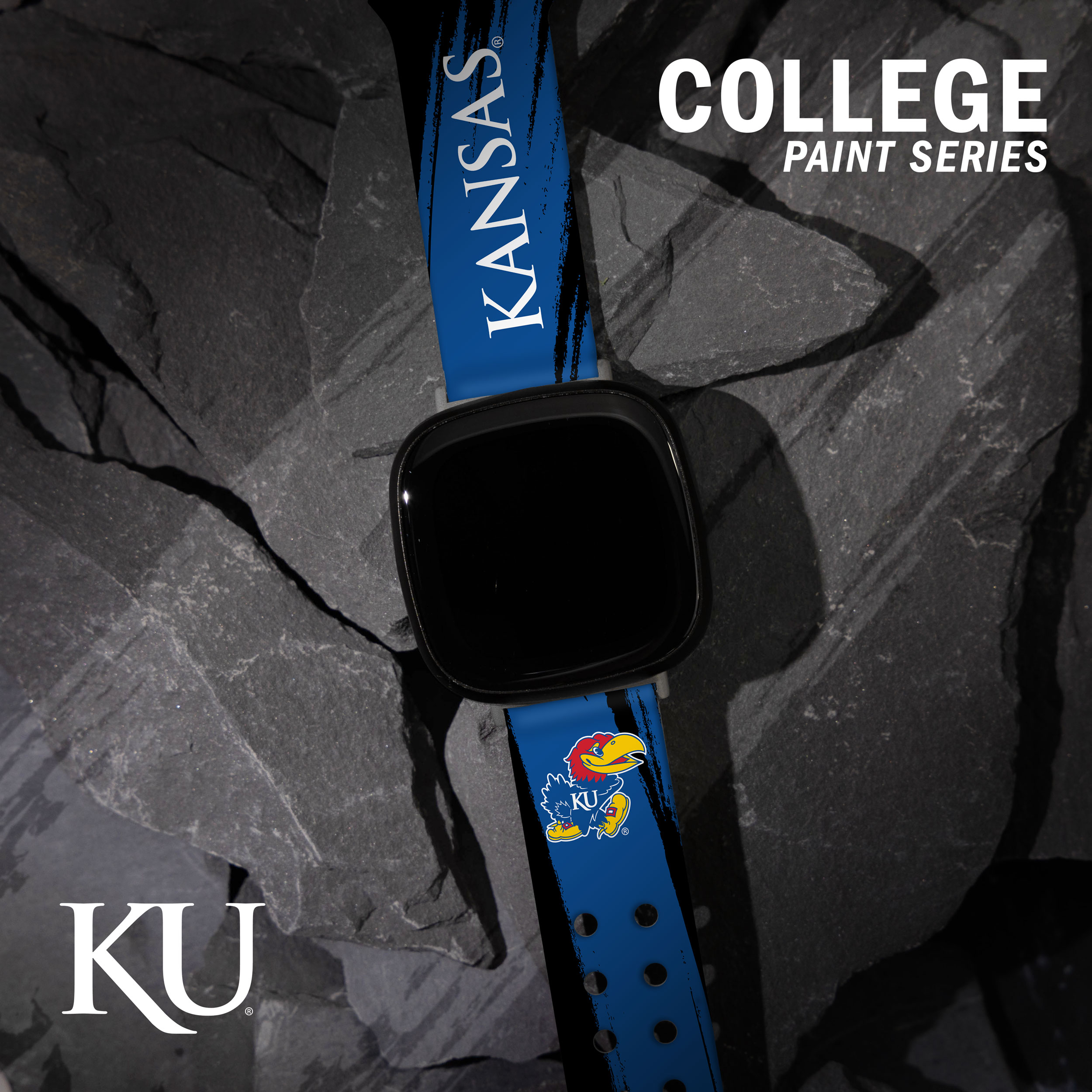 Jayhawks HD Paint Stripe Unisex Watch Band for FitBit Versa 3 & Sense (Short)