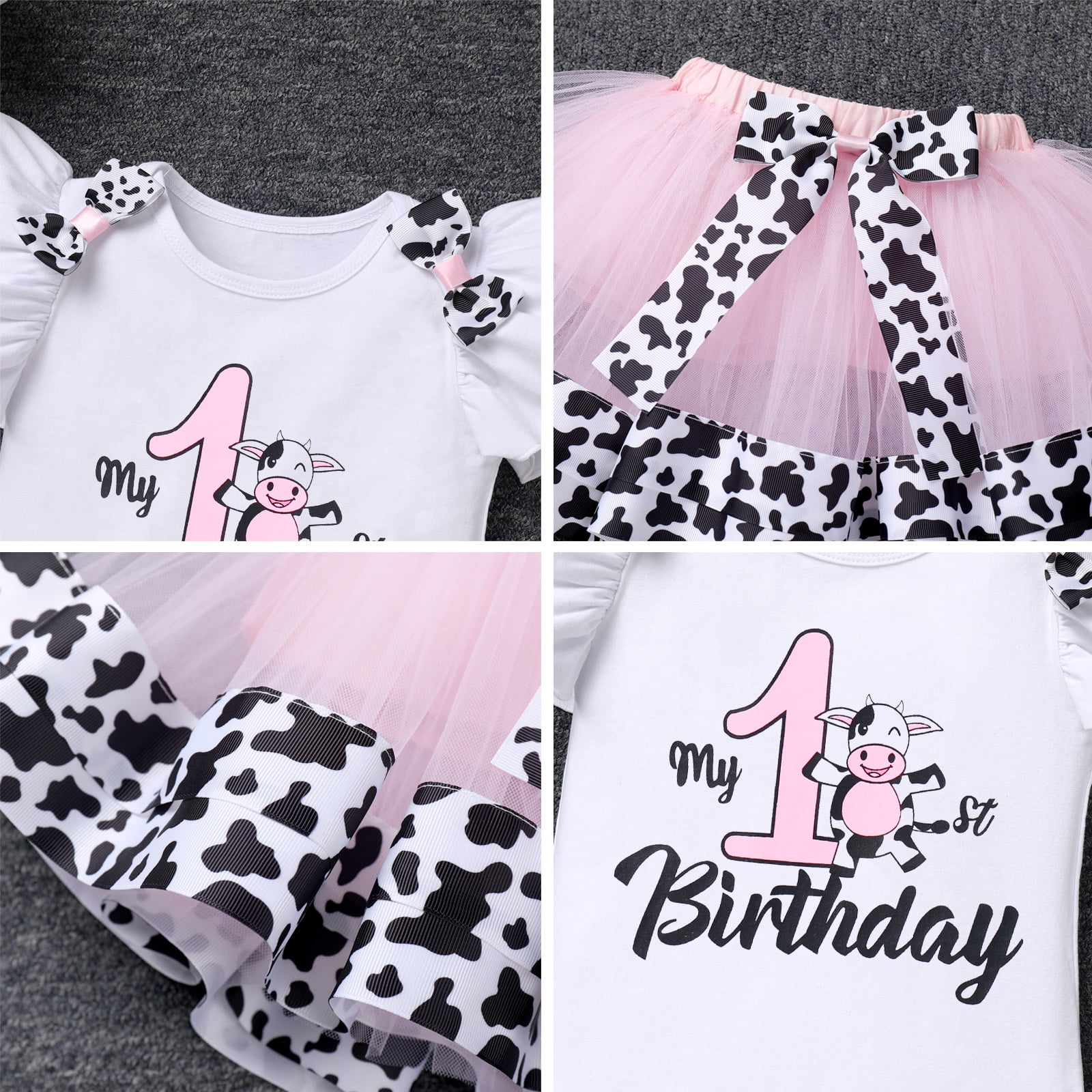 IBTOM CASTLE Baby Girl 1st Birthday Outfit Farm Cow Romper Tutu Skirt Headband Cake Smash Photo Shoot Clothes