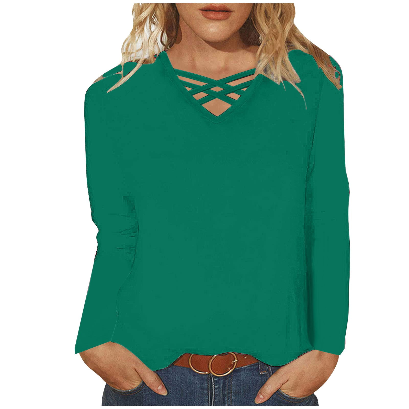 Timegard Hauts Grande Taille pour Femmes Col en V T-Shirts Unis Automne Décontracté Confortable Manches Longues