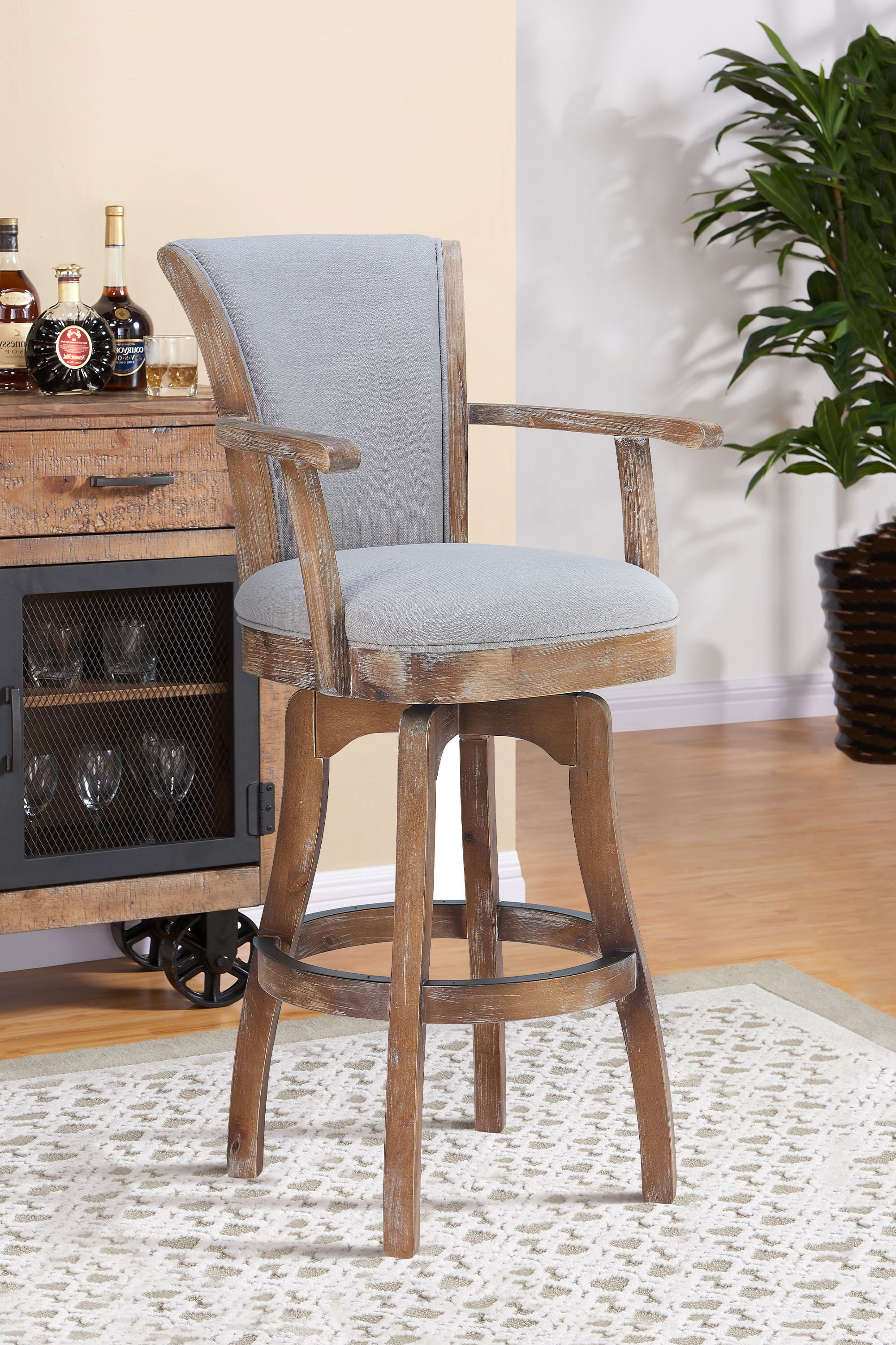 Raleigh Arm 30" Bar Height Swivel Barstool in Distressed Oak Finish and