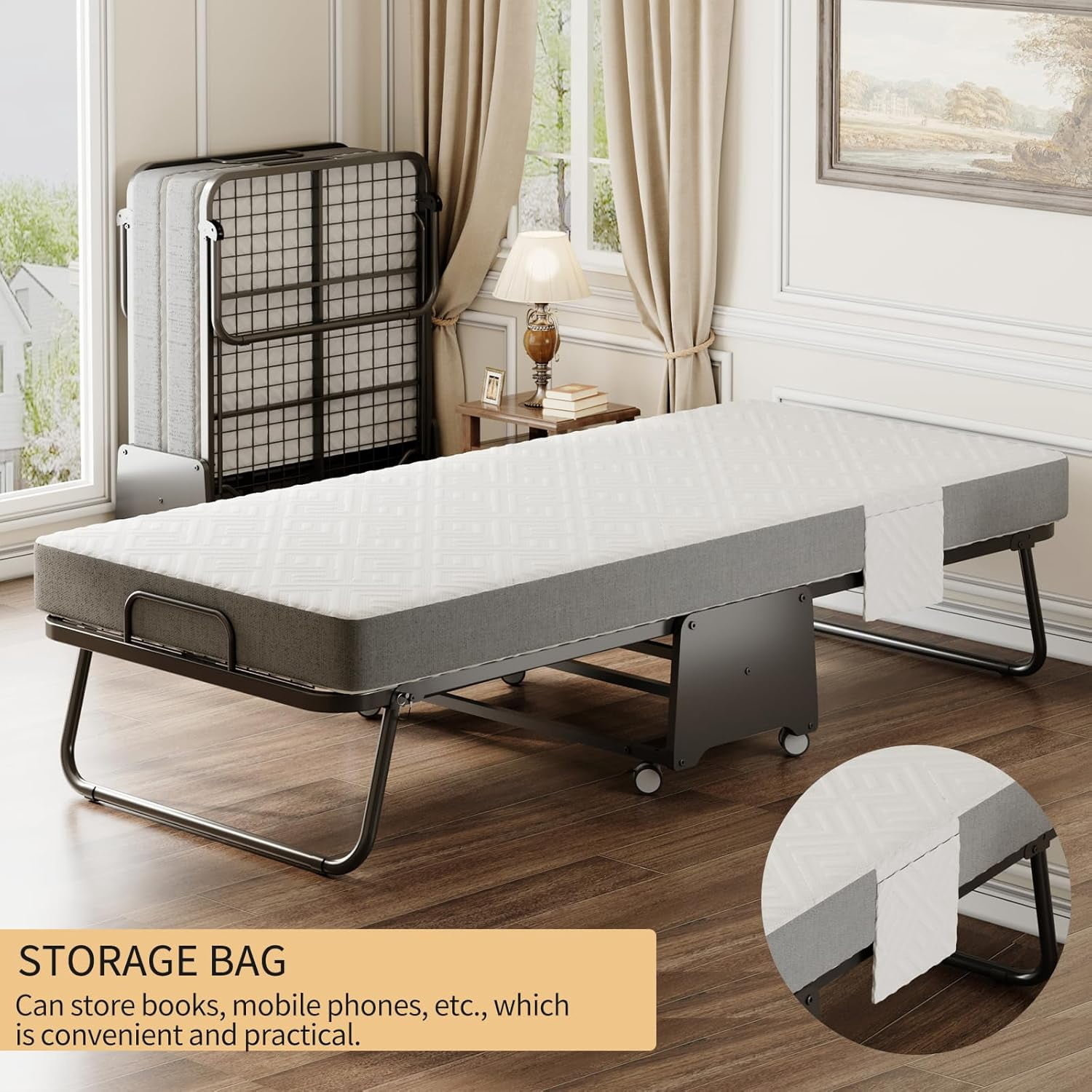 Folding Bed with Mattress - 75"x31"Twin Size Frame - Portable Rollaway Guest Bed with 5-inch Memory Foam Mattress - Space-Saving Foldable Design for Easy Storage (75"×31")