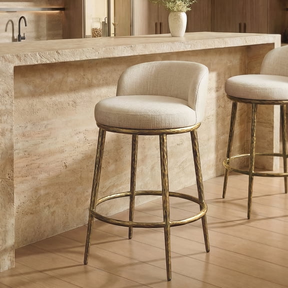 Morden Fort Counter Height Bar Stool, 26" Metal Bar Stool with Hammered Metal Legs & Curved Low Back for Kitchen Island, Upholstered Linen Seat Cushion Island Chair, Gold