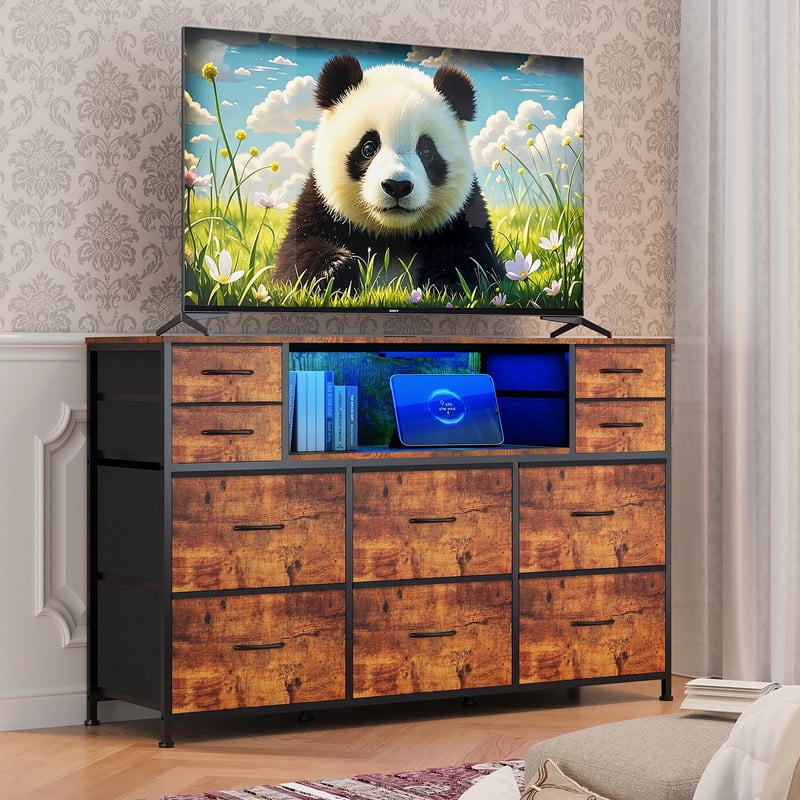 TROPOW 10 Fabric Drawers Dresser with LED Lights, Entertainment Center with Charging Station, Wood Top, Open Shelves, TV Stand for 40"-55" TV, Chest of Drawers for Bedroom Living Room Hallway