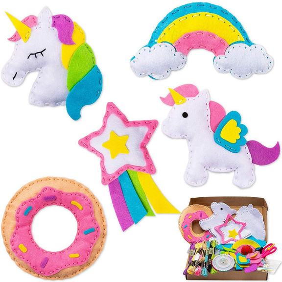 Laffact 5pcs Animal Sewing Kit for Beginner Sewing Rainbow Doughnuts DIY Art Craft