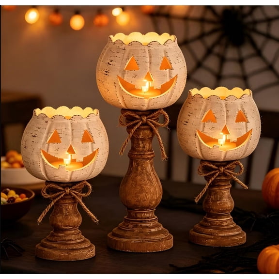 Rustic White Pumpkin Tealight Candle Holder Set of 3, Distressed Jack O Lantern with Jute Bow, Vintage Resin Pedestal Decor for Halloween Thanksgiving Fireplace Table Ornament-3