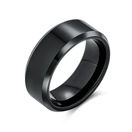 Plain Simple Beveled Edge Black Couples Titanium Wedding Band Ring