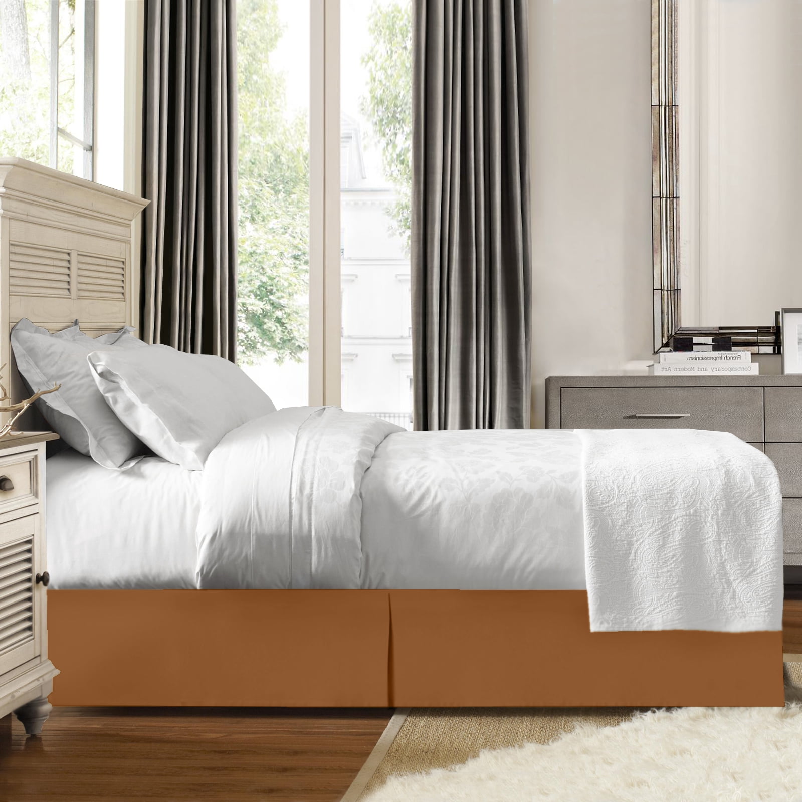14" Tailored Pleated Bed Skirt Dust Ruffle, Full XL, Mocha, by Clara Clark