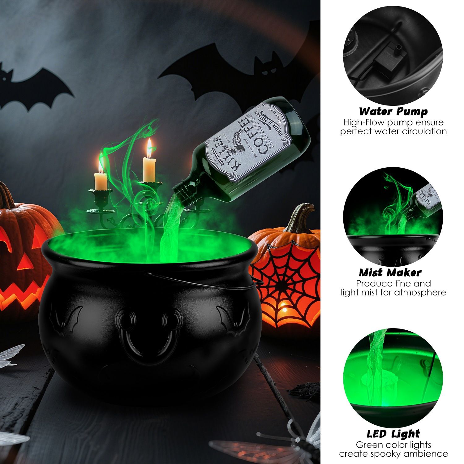 Halloween Witch Cauldron Floating Bottle Set with Green Mist Light USB Powered for Party Decor