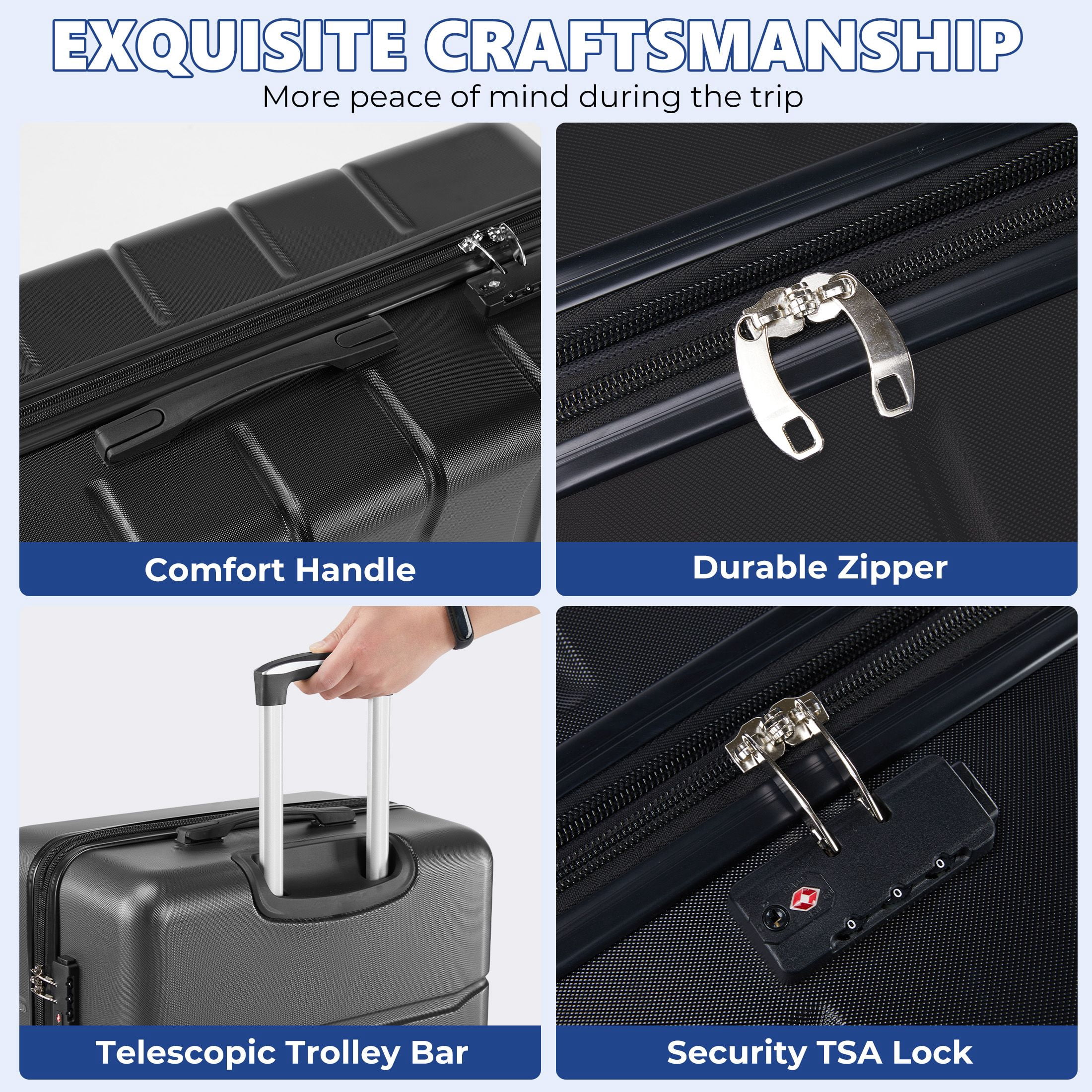 GIANNA Set of 3 Hardside Luggage, Expandable Rolling Luggage with TSA Lock and Spinner Wheels, Black
