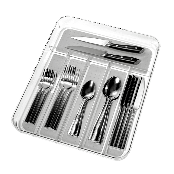 madesmart Large Silverware Tray, 6-Compartment Drawer Organizer, Clear Collection, Soft-Grip Lining, Non-Slip Feet, BPA-Free, Light Grey/Clear