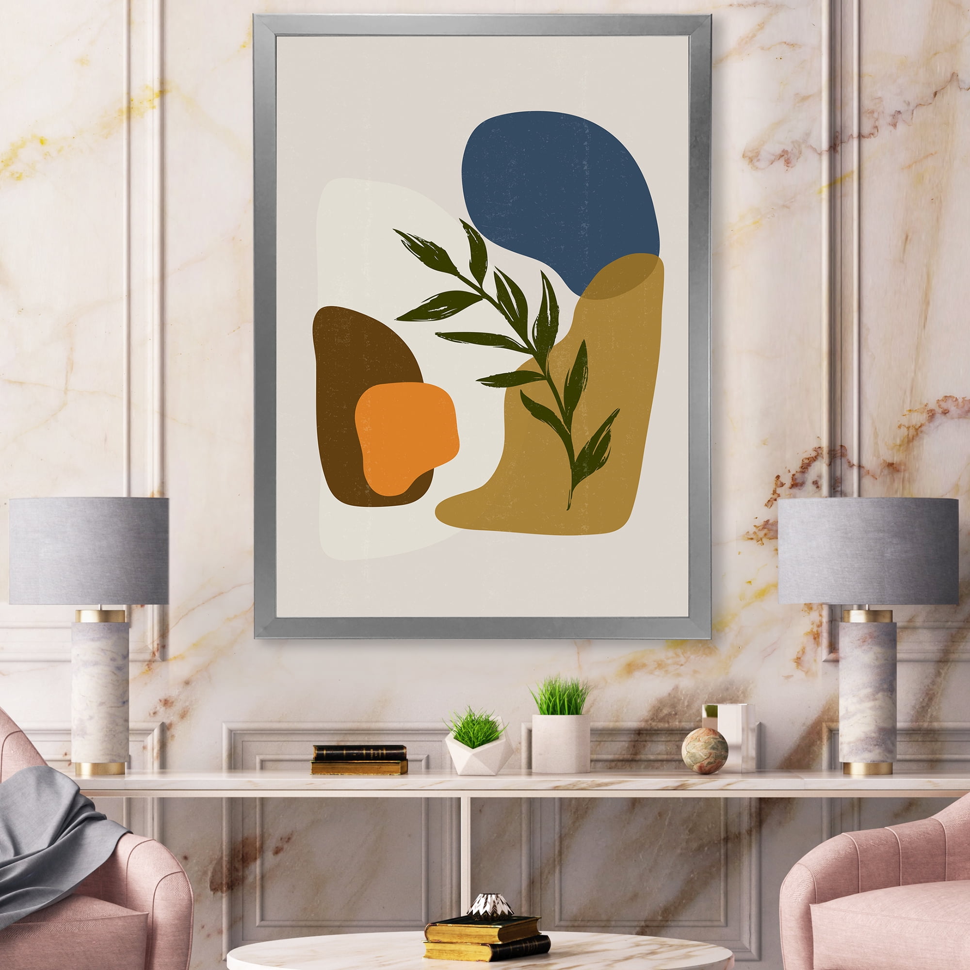 Designart 'Green Leaf With Botanical Minimalist Shapes' Modern Framed Art Print