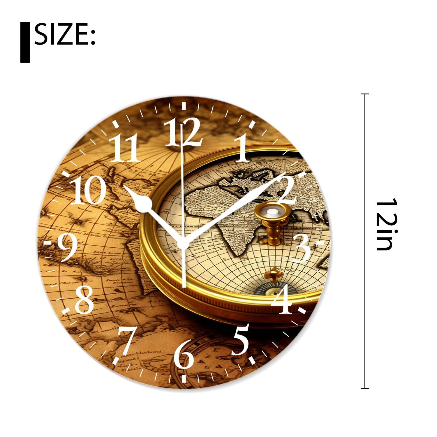 12 Inch Wall Clock Battery Operated Silent Clock Decorative for Office, Kitchen, Outdoor, Living Room，Accurate Map Graceful Art