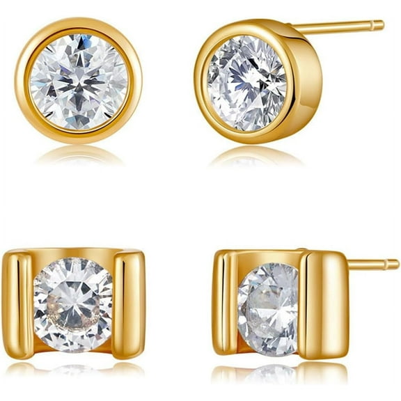 Gold Stud Earrings for Women 2 Pairs Diamond Stud Earrings Set Non Tarnish Dainty 18K Gold Plated Cubic Zirconia Stud Earrings Pack Stack Jewelry Gift Trendy Jewelry