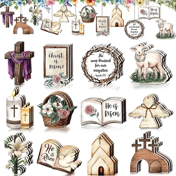 24 Easter Wooden Cross Decorations - Spring Tree Ornaments for Easter, Religious Party Supplies, Rustic Home Holiday Decor, Christian Gifts for Kids & Adults