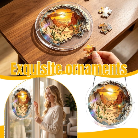 7.48" Acrylic Suncatcher Puzzle-Sunset Canyon, Hanging Suncatcher, DIY Suncatcher Kits for Adults, Home Decor Sun Catcher for Window Garden Puzzles for Adults, Sun and River Circular Jigsaw Puzzles