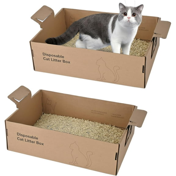 2 Pack Disposable Litter Boxes for Cats, 17.4" x 12.3" x5.4" Large Cardboard Cat Litter Box, Extra Thick Portable Travel Litter Box for Cats, Foldable, Waterproof, Leak Resistant (Large, Count, 2)