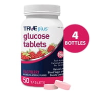 TRUEplus Glucose Tablets, Chewable, Raspberry Flavor, 15g Fast-Acting Carbs, 50 Count, 4 Bottles