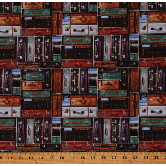 Cotton Suitcases Travel Bags Luggage Trunks Express Tracks Brown Cotton Fabric Print by the Yard (1302-39)
