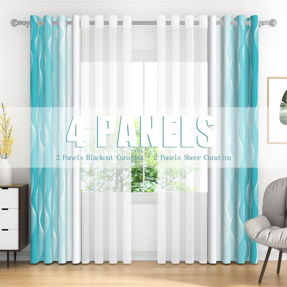 Lfeey Cyan Gradient Semi Sheer Curtains for Living Room Bedroom, Grommet Curtains, 42x63 inch, 4 Panels