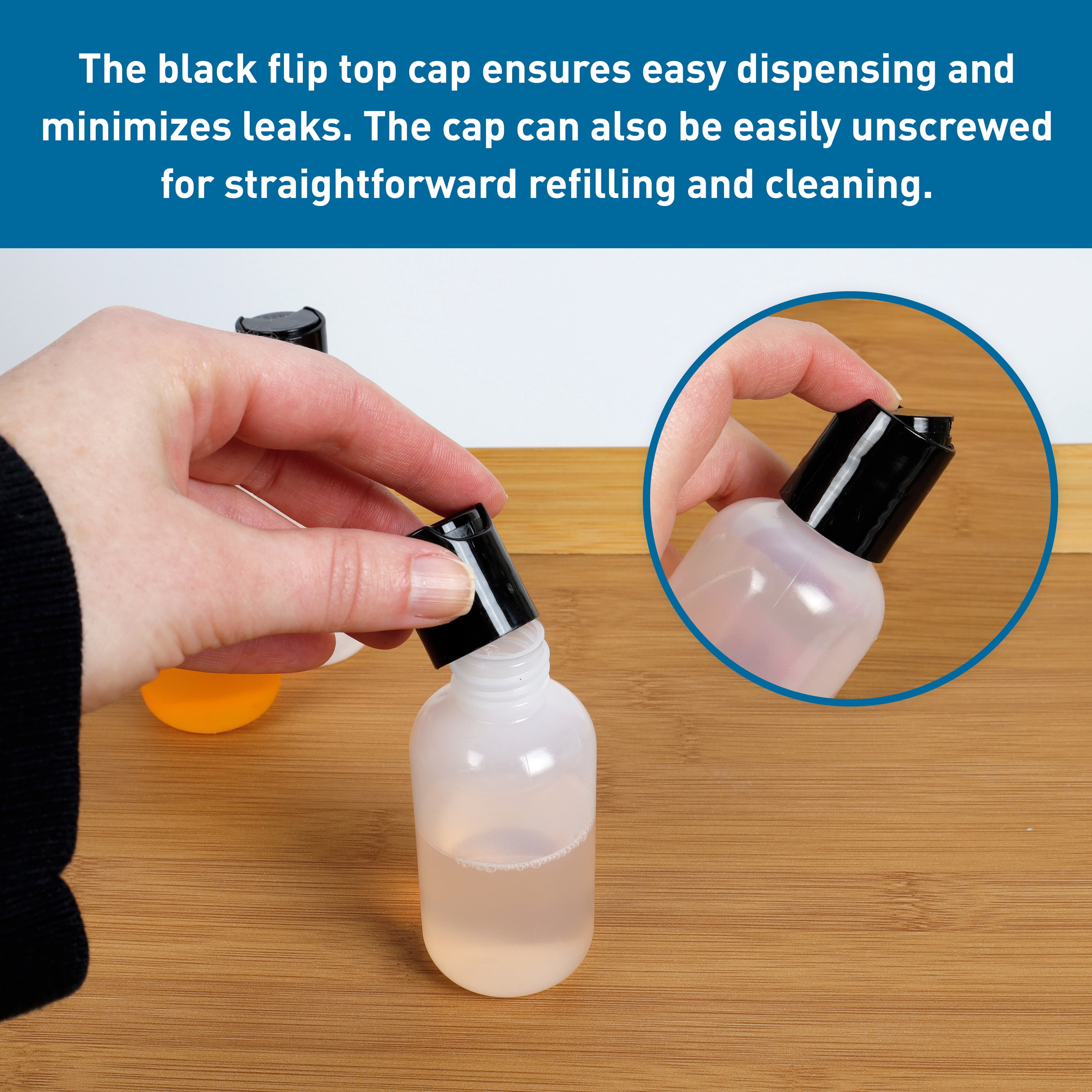 BodyMed 50 Pcs 2 oz. Clear Plastic Dispenser Bottles with Caps - LDPE Pliable Material & Leak Proof - Refillable, Mini Squeeze Bottles for Shampoo, Lotion, Essential Oils