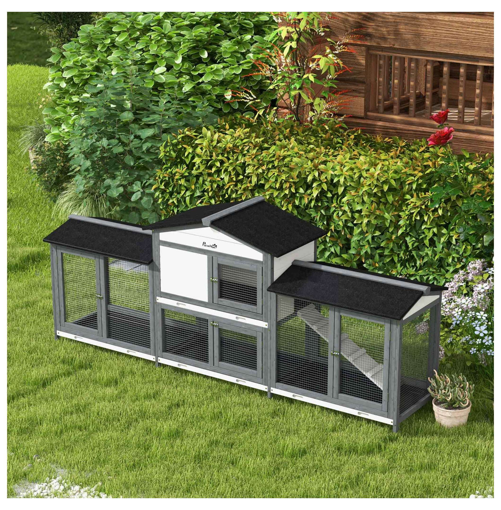 Rabbit Hutch 90.5" Wooden Bunny Cage - Double Run Boxes, Ramp, Pet Playpen for Guinea Pig & Small Animals, Light Gray