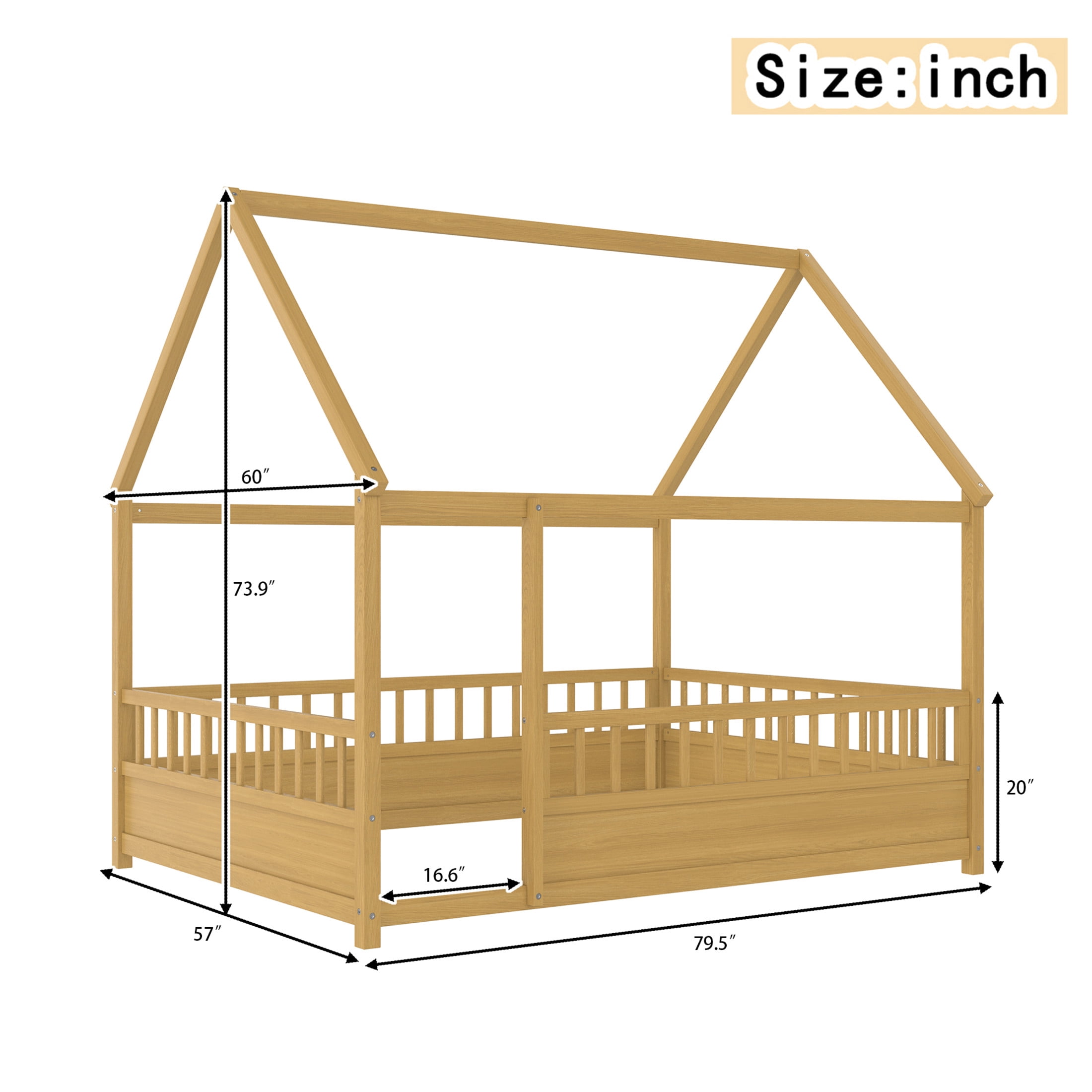 Noble House Full Size Floor Bed with House Roof Frame and 20" Safety Guardrails, Natural