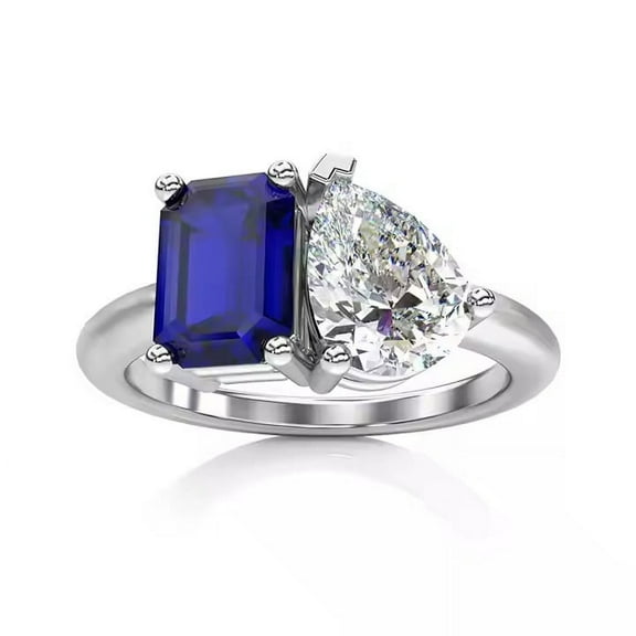 Pear and Emerald Cut Lab-Created Blue Sapphire and Moissanite Toi et Moi Ring in 925 Sterling Silver - Elegant Jewelry for Women
