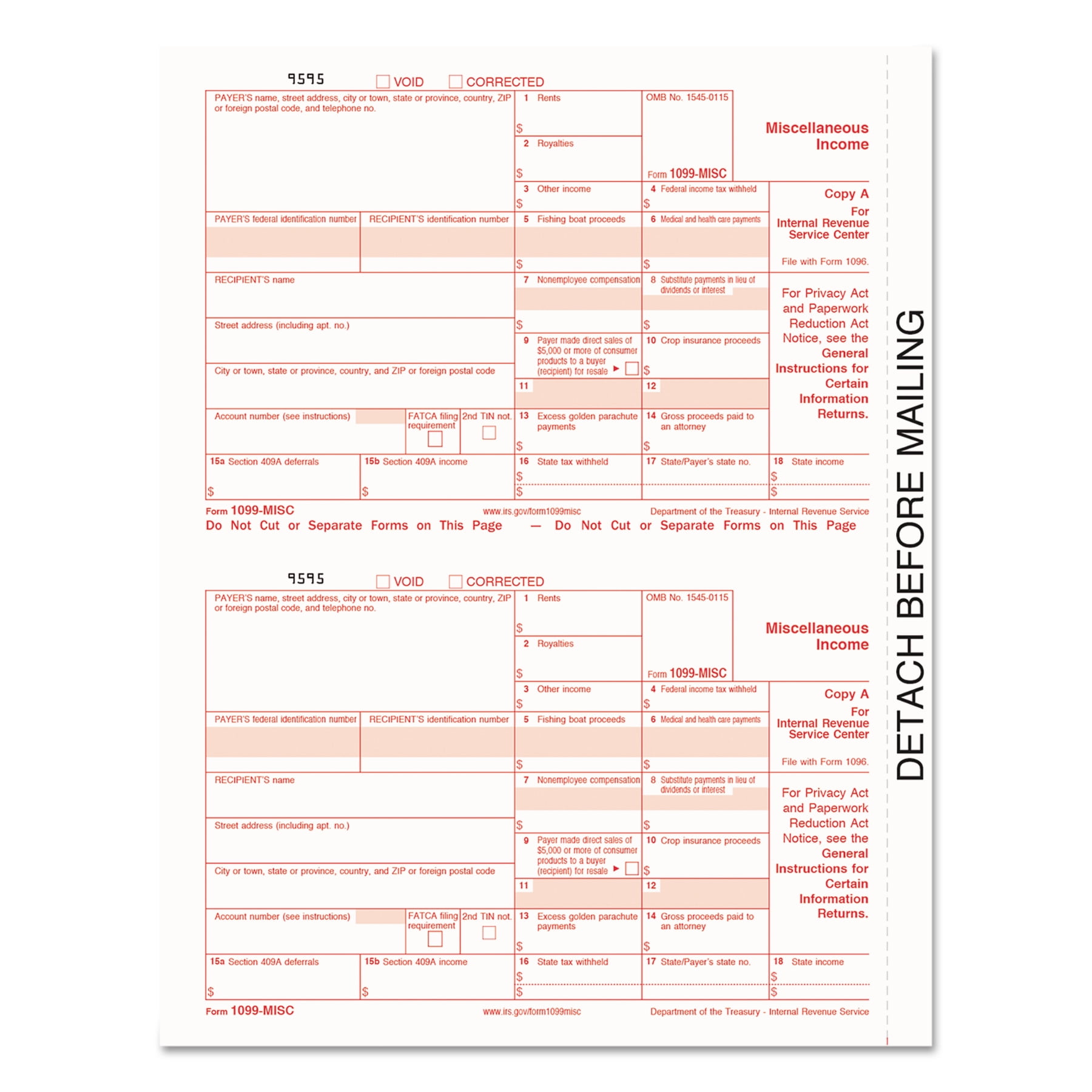 Tops 1099 MISC Inkjet//Laser Tax Forms for 2018-5-part Form Sets for 50 recipients and a 1096 Summary Transmittal Form