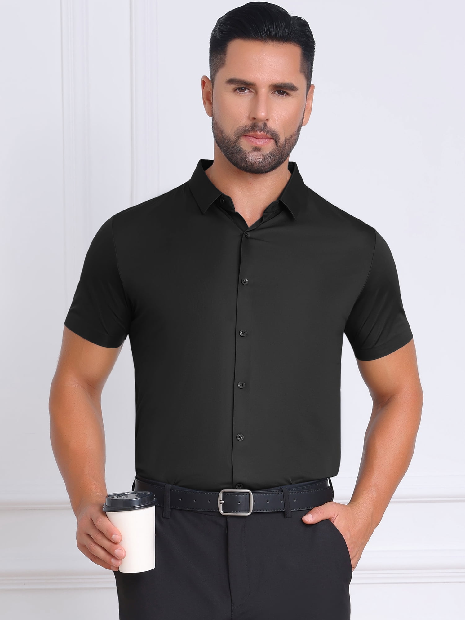 DARING DIVA Men's Button Down Point Collar Short Sleeve Business Dress Shirt 2XL Black
