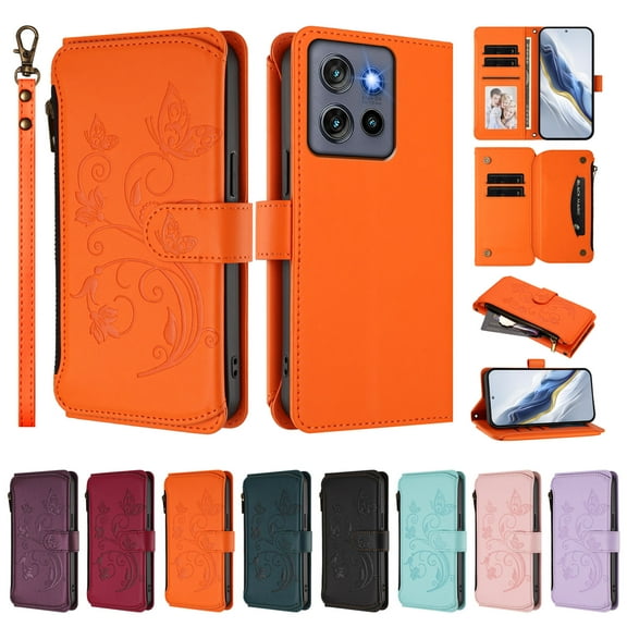 ELEHOLD Wallet Case For Moto G Stylus 5G (2025),  Butterfly Flower Pattern Leather Flip Kickstand Card Holder Zipper Pocket Magnetic Closure Wallet Cover With Crossbody Strap Lanyard  ,Orange