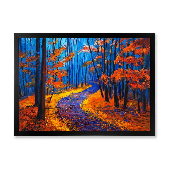 Designart 'Orange Autumn Landscape With Little Road I' Traditional Framed Art Print