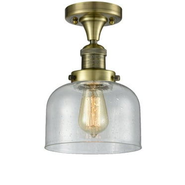 Large Bell Antique Brass LED Semi Flush Mount with Seedy Dome Glass