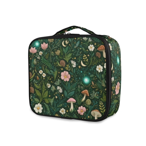 FORMRS Travel Makeup Bag Large Capacity Train Case Cosmetic Organizer with Adjustable Dividers, Green Forest Pattern