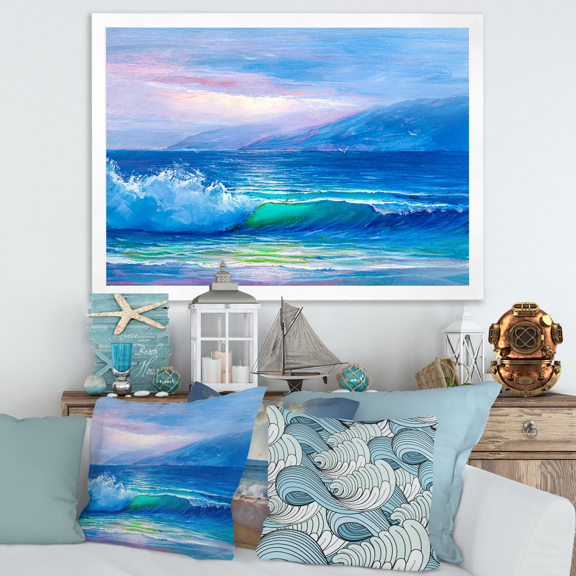 Designart 'Blue Waves Breaking At The Beach Landscape II' Nautical & Coastal Framed Art Print