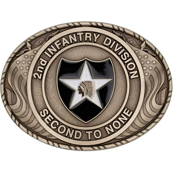 Indiana Metal Craft US Army 2nd Infantry Division Double USA Flag Solid Brass Buckle with Belt, MADE IN USA (Buckle Only)