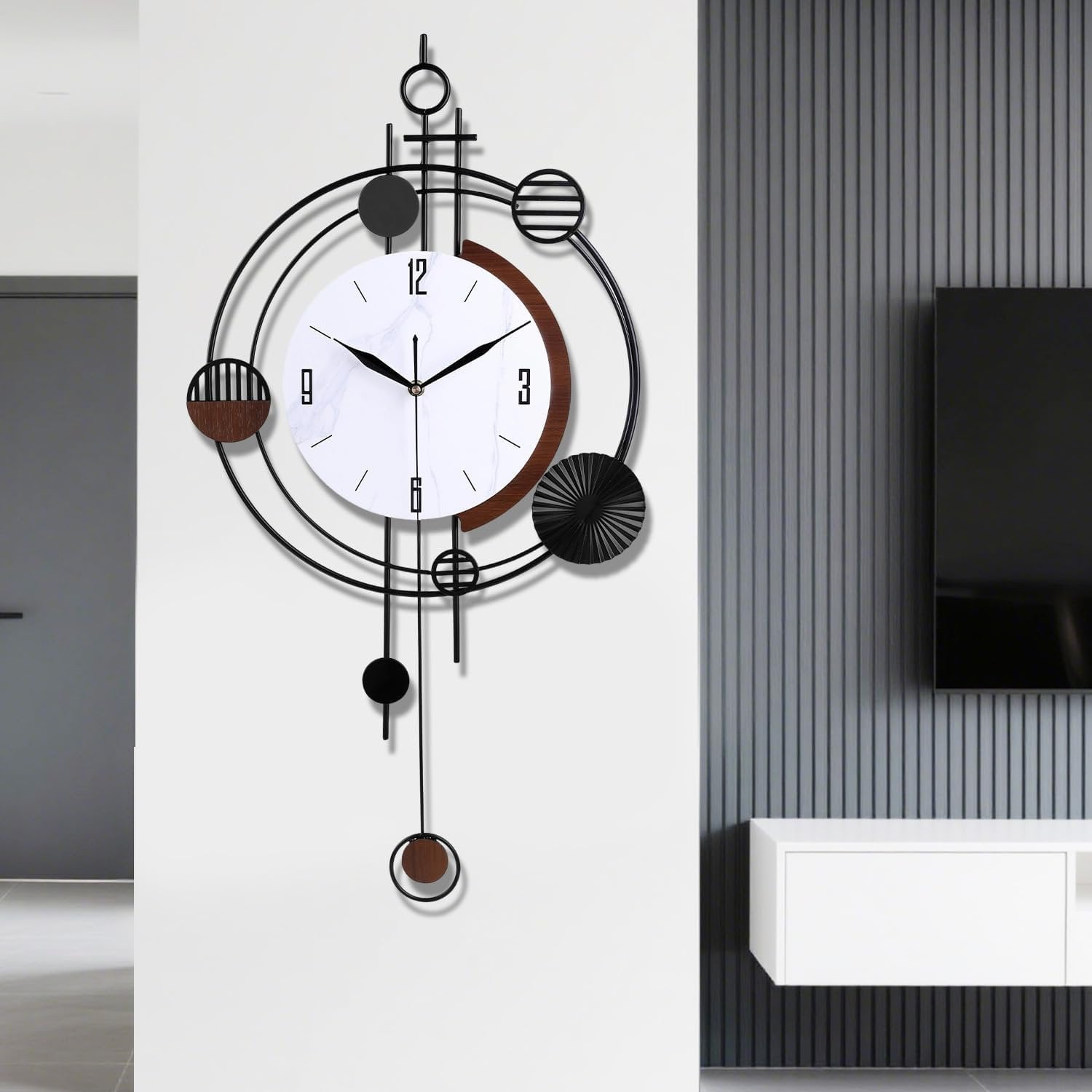 Wall Clock with Pendulum, Silent Quality Quartz Operated, Round Analog Large Wall Clock for Living Room Kitchen Bathroom Bedroom Wall Decor, 15.4x28inch, Black