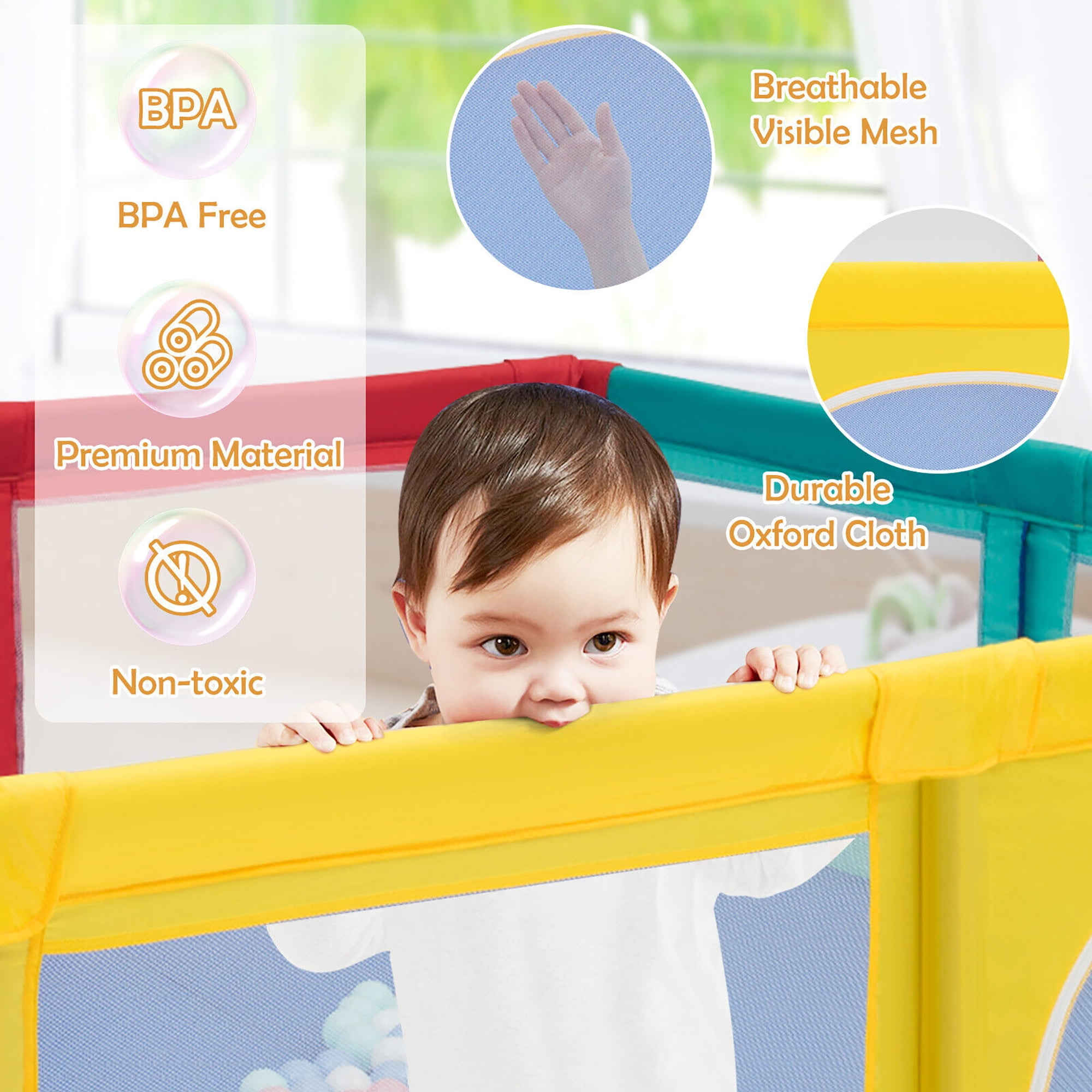 Gymax Extra Large Baby Playpen Safety Baby Play Yard w/ 50 Ocean Balls & 4 Handles Colorful