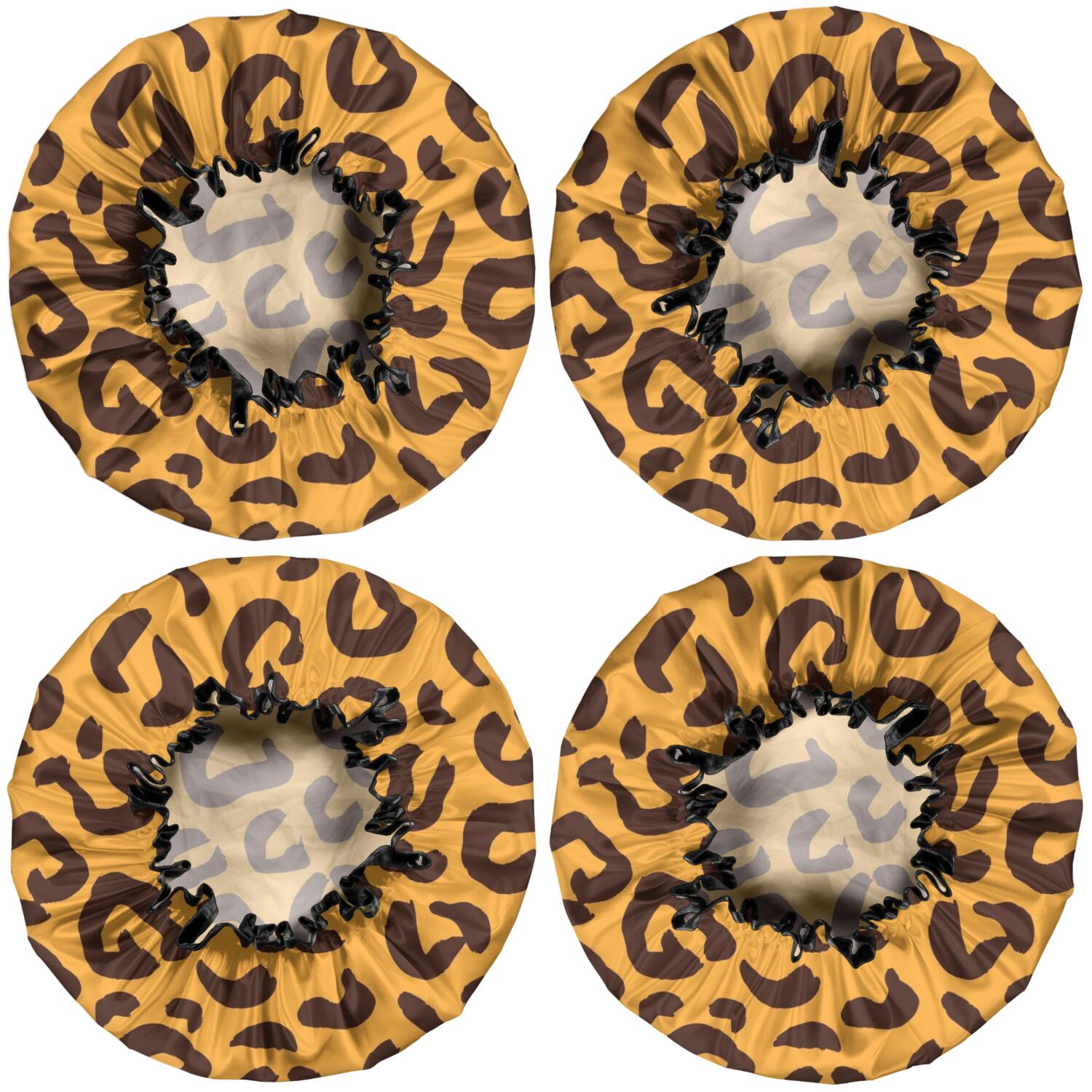 Shower Caps,Yellow and Black Of Leopard Print Waterproof Shower Cap for Women 4 Pieces,Double Reusable Hair Cover for Shower PEVA Elastic Stretch Hem