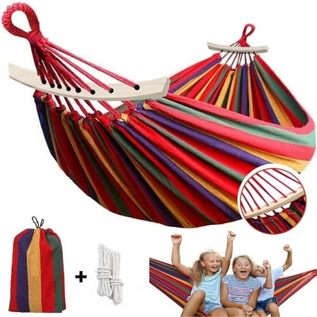 Garden Cotton Hammock Comfortable Fabric Hammock with Spreader Bar Sturdy Hammock Up to 450lbs Portable Lightweight Hammock with Travel Bag for Camping Outdoor/Indoor Patio Backyard