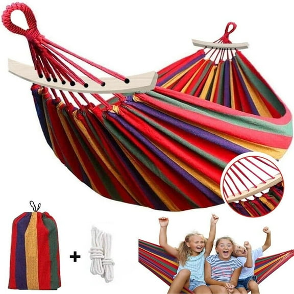 Garden Cotton Hammock Comfortable Fabric Hammock with Spreader Bar Sturdy Hammock Up to 450lbs Portable Lightweight Hammock with Travel Bag for Camping Outdoor/Indoor Patio Backyard
