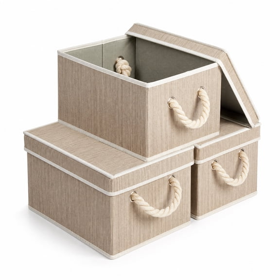 3 Pack Collapsible Storage Bins with Lids, Fabric Storage Boxes with Rope Handles for Closet Shelf Organizer, Foldable Decorative Bins for Clothes Toys - 11.8x9.1x6.7in Gray