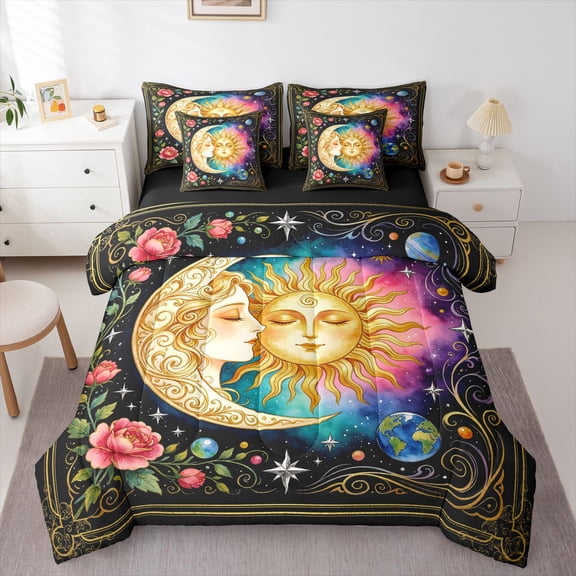 Homewish Boho Sun Moon 7-Piece Twin Bedding,Pink Purple Teal Gradient Galaxy Bedding Comforter Set,Black Reversible